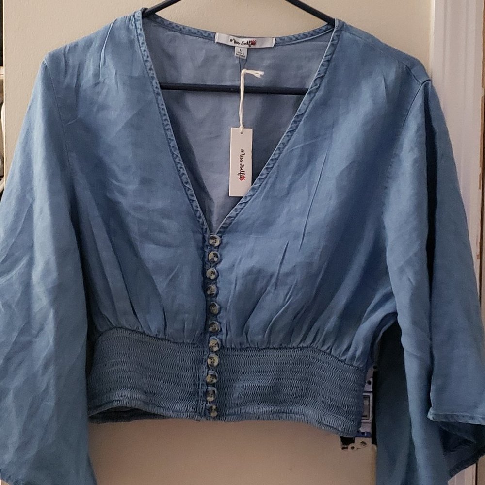 Miss Selfie : Denim Long Sleeve Flare Crop Top
